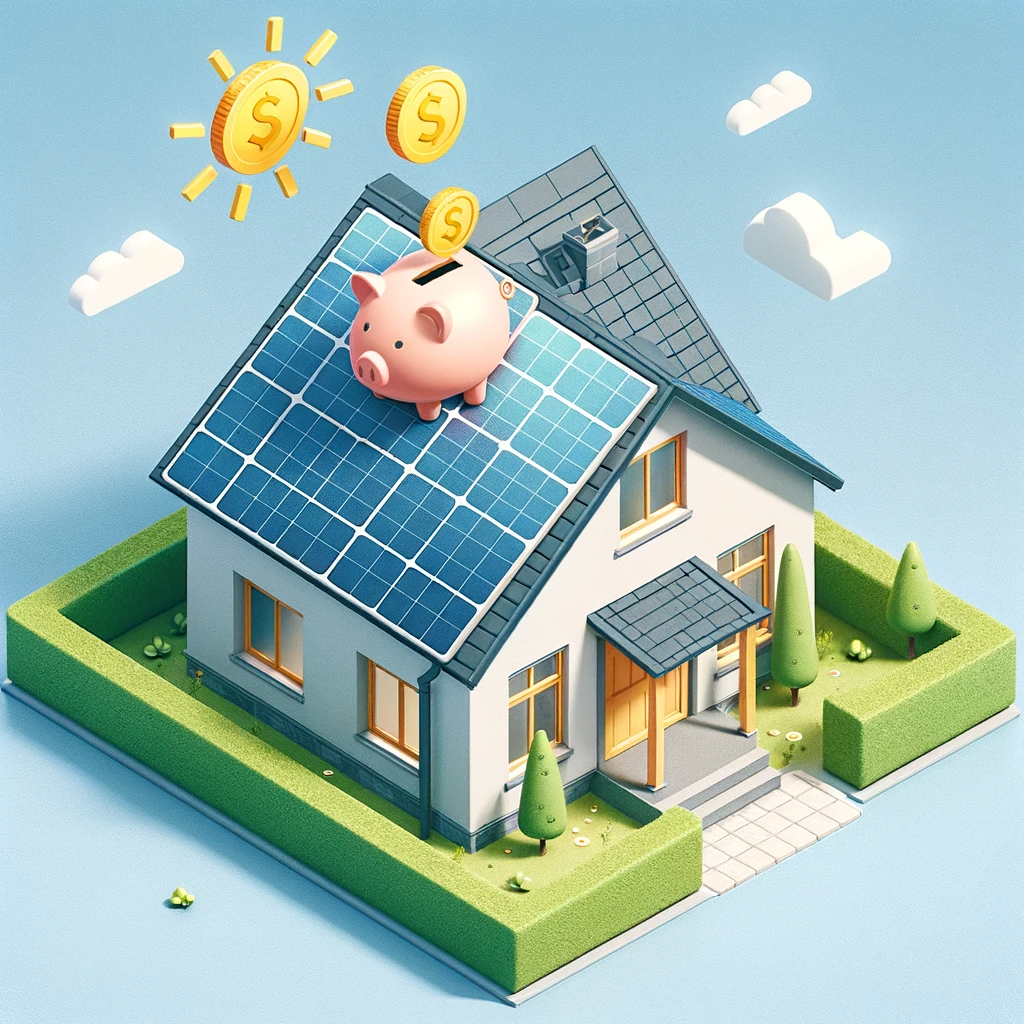 - A simple, modern house with a large solar panel on its roof, designed to resemble a piggy bank with a coin slot. explaing the seg scheme of selling back to the grid