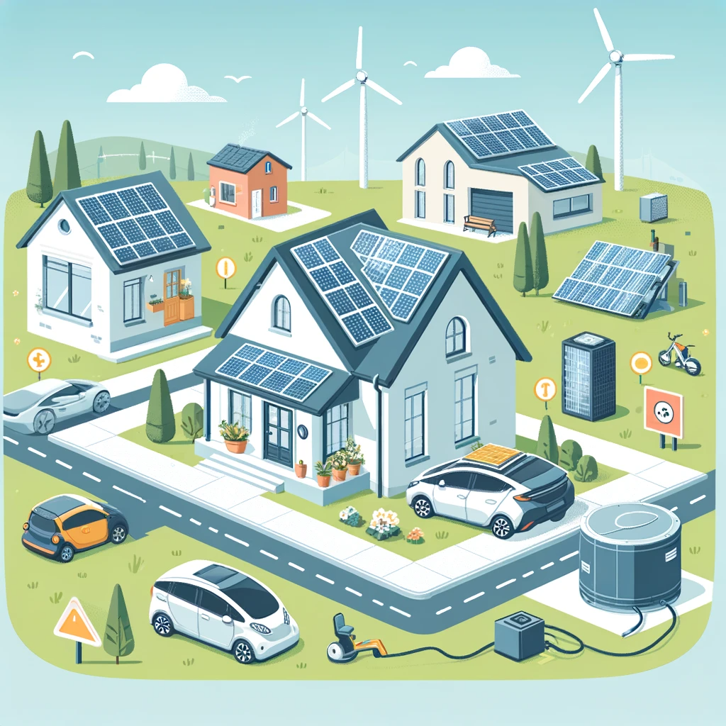A simple illustration showing a small community with integrated renewable energy technologies. In the center, a house with solar panels on the roof. To the left, a geothermal heat pump visible outside another house. On the street, a few electric vehicles parked and driving. In the distance, a small electricity storage facility with visible batteries, and a couple of wind turbines. The setting is a clear day with a blue sky, symbolizing a clean, sustainable environment. This image should convey a realistic and approachable vision of renewable energy in everyday life.
