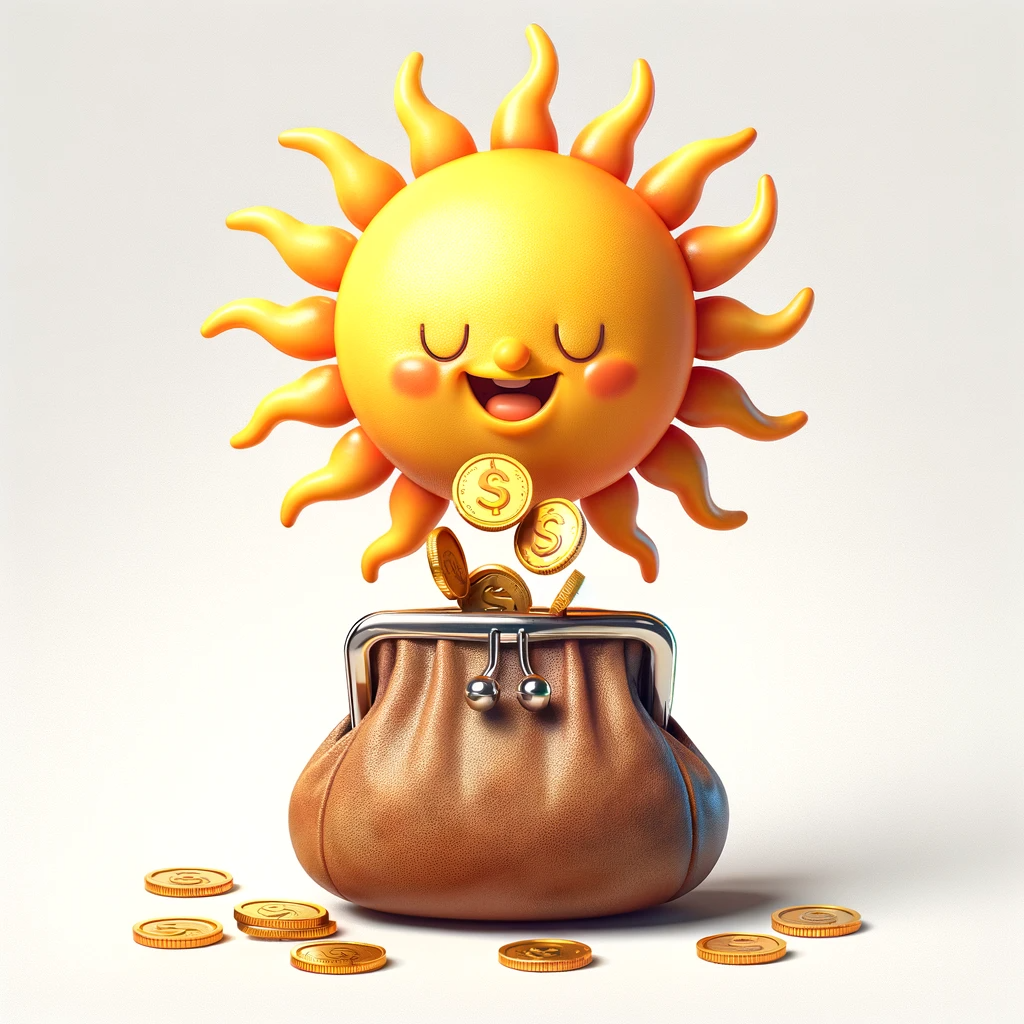 An open purse with coins spilling into it, under a bright sun. The sun has a playful, personified face, and it's shown dropping coins directly into the purse. The scene is imaginative and symbolizes financial gain from solar energy and SEG. The purse is detailed, with a realistic texture and color, set against a simple, uncluttered background to emphasize the concept of earning money from sunlight.